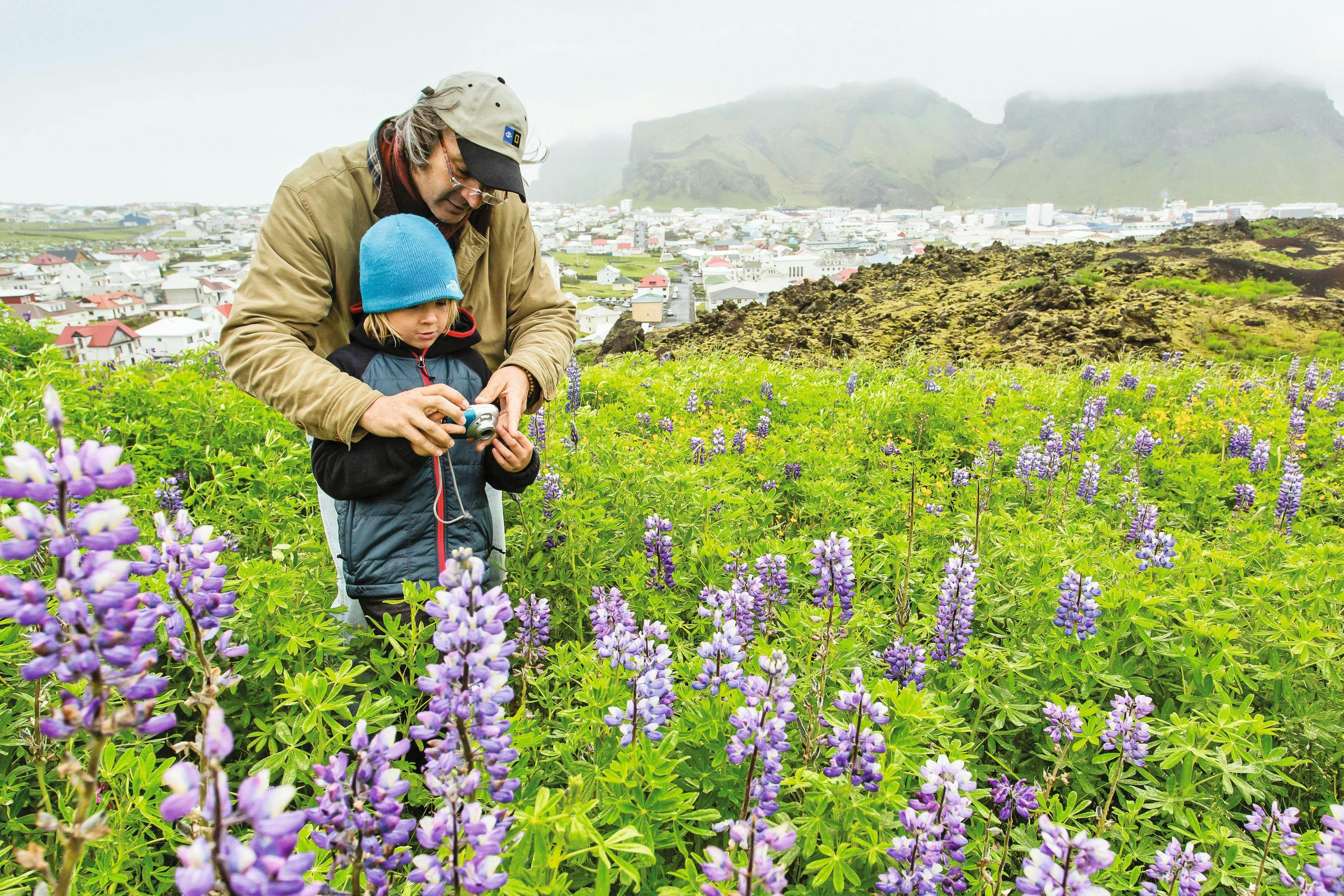 Father and Son, Chris Rainier, Skyler Rainier, photographing flowers on Heimaey Island, Veatmannaeyar Archipelago, Iceland